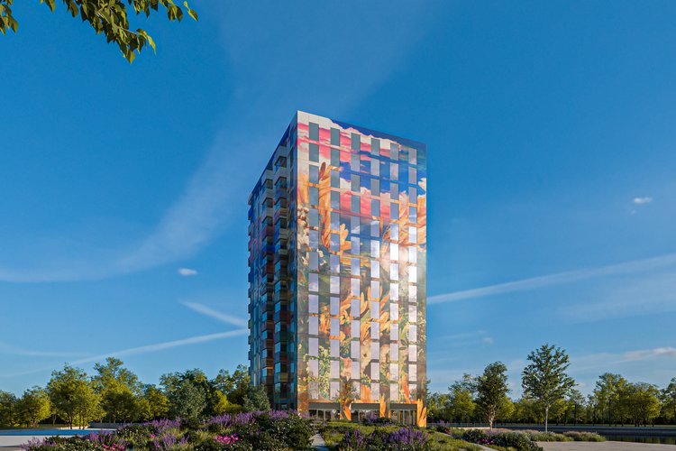 Een artist impression van woonzorg toren Flora op het Floriade terrein in Almere