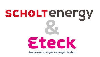 Het logo van Scholt Energy en Eteck samen vanwege de samenwerking op gebied van energie inkoop en innovatie