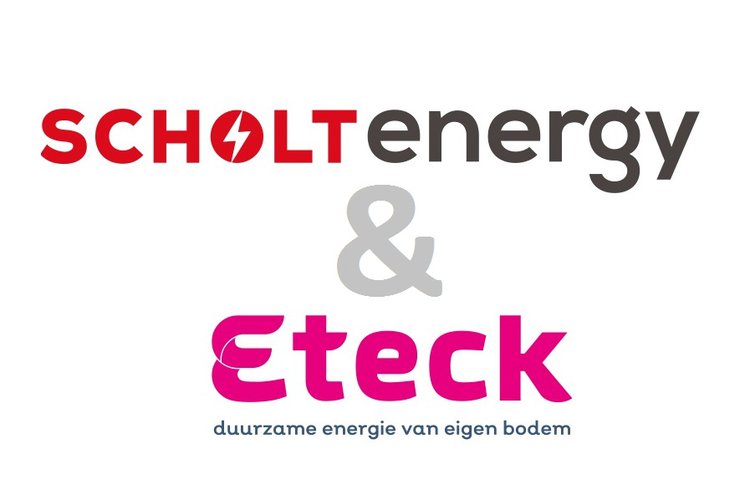 Het logo van Scholt Energy en Eteck samen vanwege de samenwerking op gebied van energie inkoop en innovatie