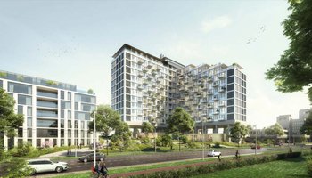 Een afbeelding van het voormalige ING (post)kantoor in Arnhem wat wordt getransformeerd naar duurzame appartementen.