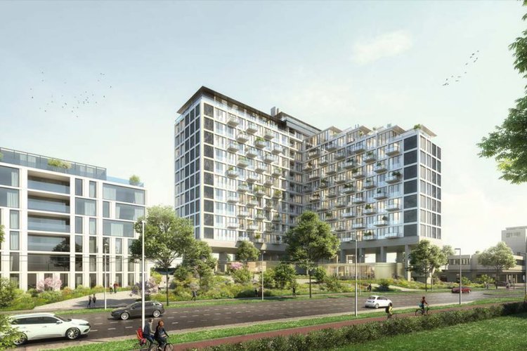 Een afbeelding van het voormalige ING (post)kantoor in Arnhem wat wordt getransformeerd naar duurzame appartementen.