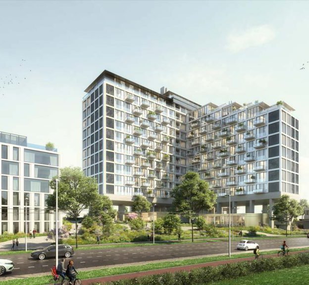 Een afbeelding van het voormalige ING (post)kantoor in Arnhem wat wordt getransformeerd naar duurzame appartementen.