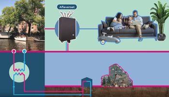 Een overzichtsbeeld van de toepassing aquathermie in 4 foto's. Beeld met blauwe en roze lijnen ter herkenning huisstijl