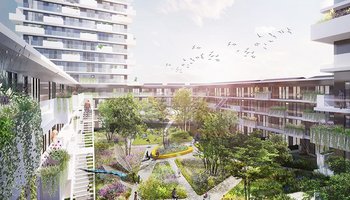 Artist impression van project IMAGINE - Parkstad Zuid in Rotterdam. Het eerste gebouw in de gebiedsontwikkeling van Feyenoord City.