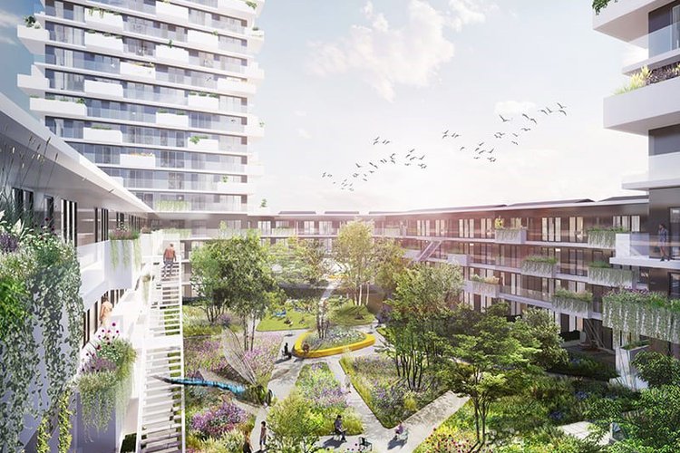 Artist impression van project IMAGINE - Parkstad Zuid in Rotterdam. Het eerste gebouw in de gebiedsontwikkeling van Feyenoord City.