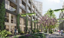 Impressie van project Cluster 7 in Amsterdam met donkergrijs gekleurde apartementen met inpandige balkons en veel beplanting er omheen