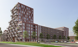 Impressie van project Bethelpark in Delft een donker rood gekleurd appartementencomplex met gedeeltelijk zes en dertien verdiepingen