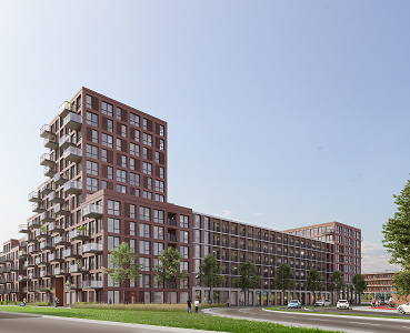 Artist impression van project Bethelpark in Delft wat aangesloten wordt op de WKO van het Reinier de Graaf Gasthuis en verwarmd wordt met restwarmte