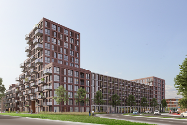 Artist impression van project Bethelpark in Delft wat aangesloten wordt op de WKO van het Reinier de Graaf Gasthuis en verwarmd wordt met restwarmte