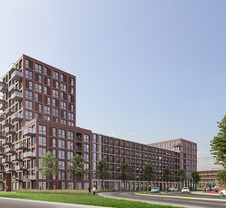 Artist impression van project Bethelpark in Delft wat aangesloten wordt op de WKO van het Reinier de Graaf Gasthuis en verwarmd wordt met restwarmte