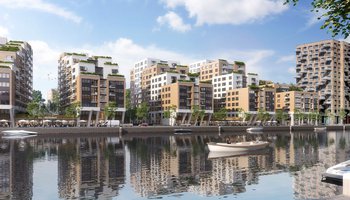 Een afbeelding hoe het project Caland Dock in Den Haag eruit ziet als de bouw klaar is.