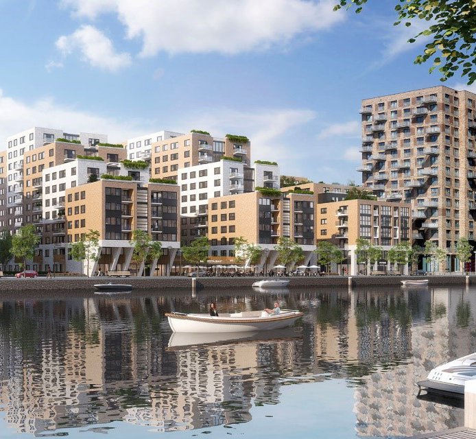 Een afbeelding hoe het project Caland Dock in Den Haag eruit ziet als de bouw klaar is.