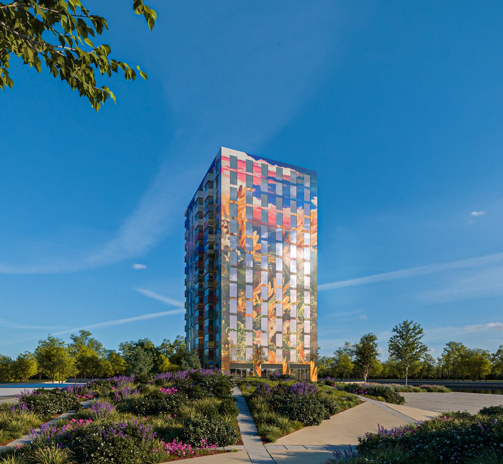 Een artist impression van woonzorg toren Flora op het Floriade terrein in Almere