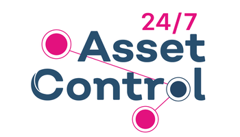 Logo van 24/7 Asset Control met blauwe letters en roze rondjes die met lijnen zijn verbonden