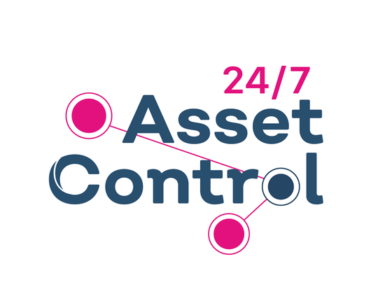 Logo van 24/7 Asset Control met blauwe letters en roze rondjes die met lijnen zijn verbonden