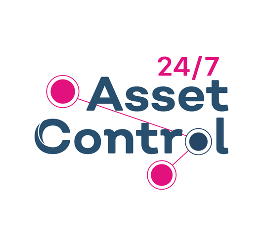 Logo van 24/7 Asset Control met blauwe letters en roze rondjes die met lijnen zijn verbonden