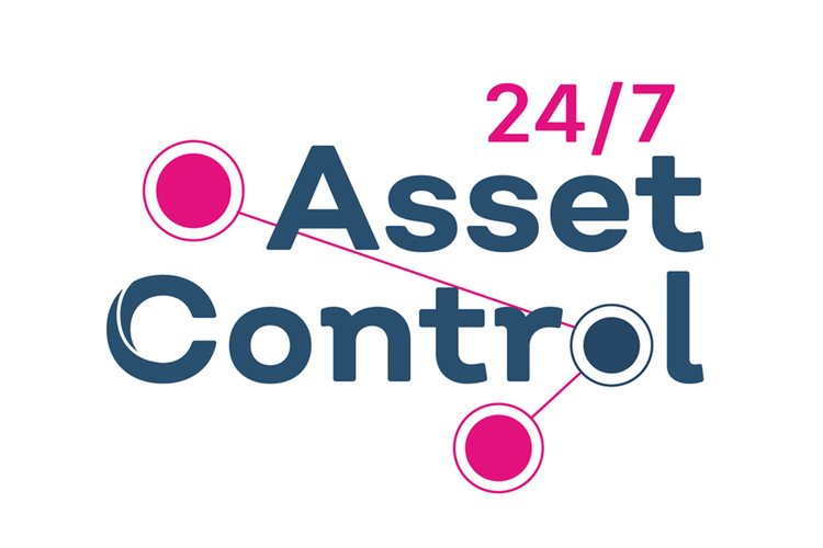 Logo van 24/7 Asset Control met blauwe letters en roze rondjes die met lijnen zijn verbonden