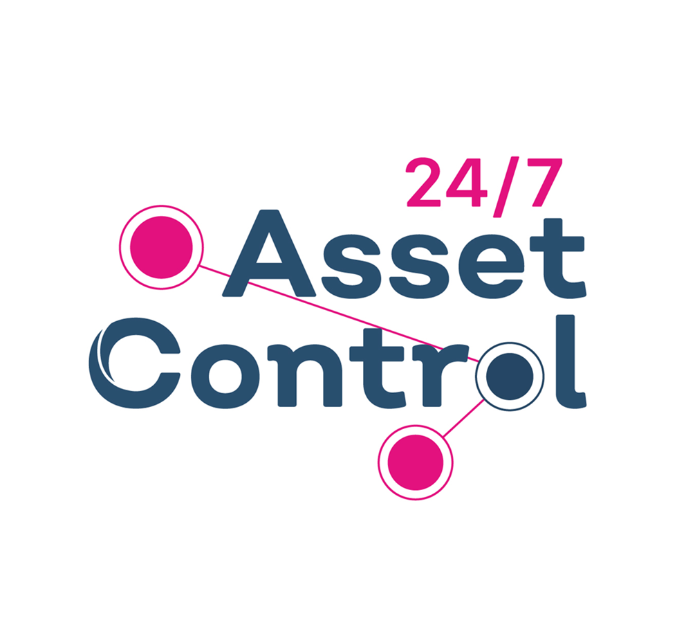 Logo van 24/7 Asset Control met blauwe letters en roze rondjes die met lijnen zijn verbonden