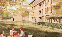 Een artist impression van project F1 Heuvel in Breda waar WonenBreburg aardgasvrije sociale huurwoningen laat bouwen