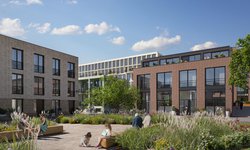 Impressie van project woonwijk Holenkwartier in Hoorn met eengezinswoningen en appartementen in grijs, wit en rode stenen met een plein met groen