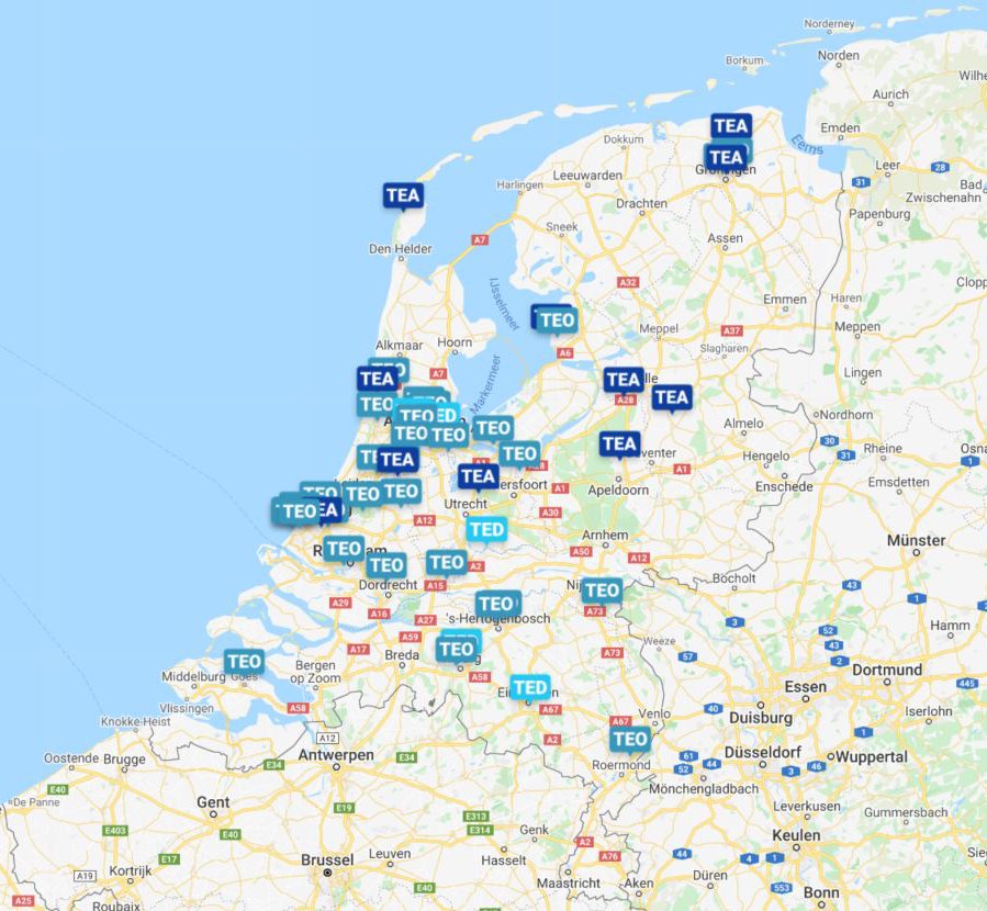 Kaart van Nederland met projecten met aquathermie (TEO, TED en TEA)