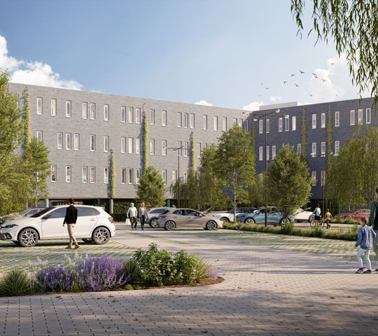 artist impression van appartementen aan de kromme schaft in houten