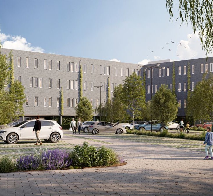 artist impression van appartementen aan de kromme schaft in houten