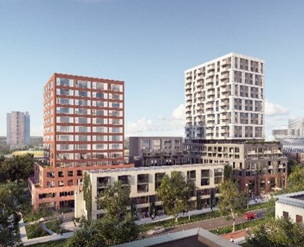 Artist impression van de Naritaweg 10 in Amsterdam waar het voormalige FNV kantoor stond.
