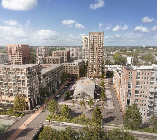 Appartementengebouwen van boven onder blauwe lucht in Schalkwijk, Haarlem.