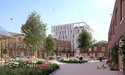 de binnentuin van de woonwijk met laagbouw woningen aan de voorkant en een appartementencomplex op de achtergrond