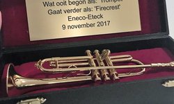 Een trompet in een trompetkist met de tekst: wat ooit begon al trompet eindigd als Firecrest Eneco-Eteck 9 november 2017
