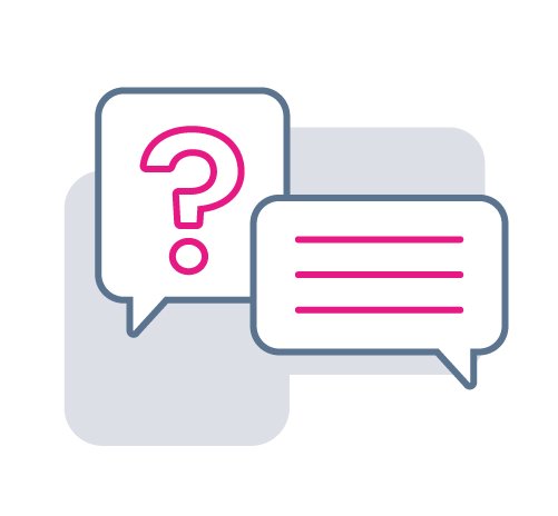 Tekstballon met roze vraagteken en tekstballon met streepjes.